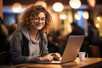 Young woman working on laptop, student or freelancer with a computer at a table, portrait shot, AI generative