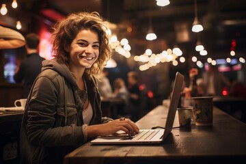 Young woman working on laptop, student or freelancer with a computer at a table, portrait shot, AI generative