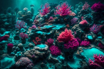 Fototapeta na wymiar An abstract underwater world of liquid turquoise and liquid fuchsia corals.