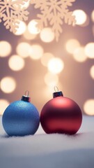 Minimalist New Year concept. A close-up of a red and blue decorative balls for the Christmas tree. Bokeh background.
