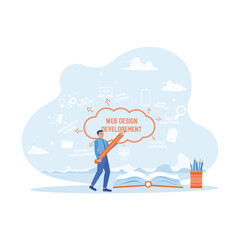 An adult man holding a giant pencil with other writing tools inside the office. Creating web design and development chart with icons on whiteboard. Web design concept.