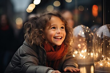 Small happy child stand on the street near a festive shop window decorated with New Year's garlands, Christmas holidays market with bokeh lights - obrazy, fototapety, plakaty