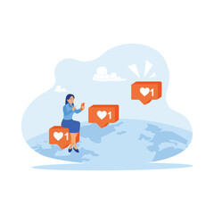 Happy woman typing instagram telegram on mobile phone. A woman is sitting on a block depicting a heart symbol on a world map. Web design concept. trend modern vector flat illustration
