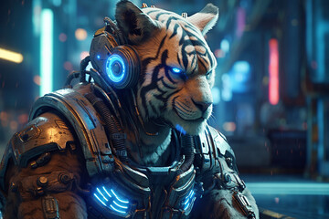 Fototapeta na wymiar Witness the fusion of raw power and cyber elegance in this cyberpunk inspired illustration featuring a majestic tiger. Ai generated