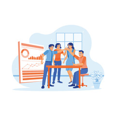 Business team holding a meeting and discussing together in the office. Business team hands high-fiving each other after achieving success. Teamwork meeting concept.