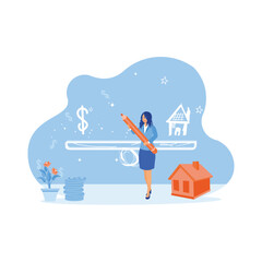 A mature woman is standing while holding a pencil. Create and draw money icons and house scales on the board. House Model Balance Equilibrium concept. Trend Modern vector flat illustration