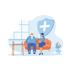 A young nurse and an old male patient are sitting on the sofa. A nurse examines a patient during recovery in a nursing home. Elderly patient concept. Trend Modern vector flat illustration