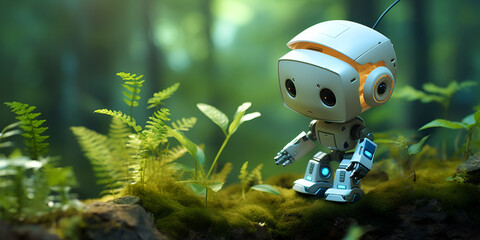 A robot in a forest with green leaves and a green head , Robot Android ,Robot in the forest with a forest background ,How AI Can Help the Environment  Opportunities and Challenges with generative ai

