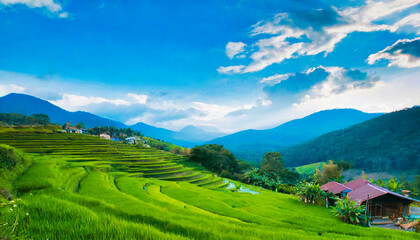 The emerald-green rice terraces of an Asian village, carving gentle patterns into the mountainside under a tranquil azure sky