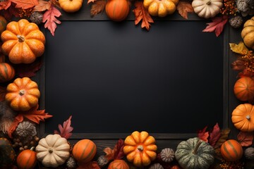Naklejka na ściany i meble Autumn Canvas: Empty Chalkboard Surrounded by Pumpkins, Sunflowers, and Fall Foliage