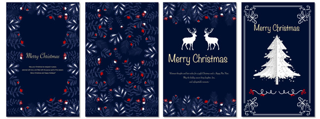 Obraz na płótnie Canvas Holiday cards with Christmas tree, reindeers, ornate floral frames, background and copy space. Universal artistic templates.