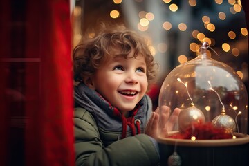 Fototapeta premium Small happy child stand on the street near a festive shop window decorated with New Year's garlands, Christmas holidays market with bokeh lights