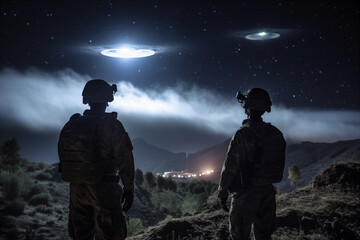 UFOs over a military base at night - obrazy, fototapety, plakaty