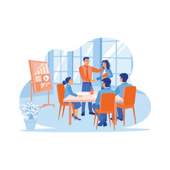 Businessman shaking hands with a new employee and introducing him to another work team during a meeting. New employees concept. trend modern vector flat illustration