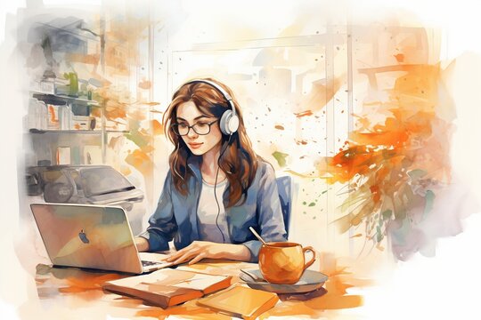 Tech Harmony: Woman Software Engineer Working from Home ,Watercolor