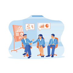 Diverse businesspeople are sitting together and shaking hands in modern office space. They discussed together during the meeting. New employees concept. trend modern vector flat illustration