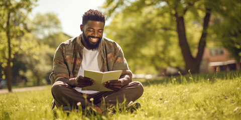 African-American student sitting in the park reading - obrazy, fototapety, plakaty