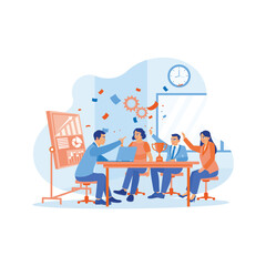 The manager and work team sit together in the meeting room. Celebrating success for good teamwork at the meeting table. Success and happiness teamwork concept. trend modern vector flat illustration