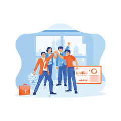 Happy and diverse businessmen are high-fiving after finding a solution to a problem as a result of successful brainstorming. Standing in an office space with a backdrop of urban buildings. 