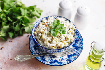 A bowl of traditional russian salad olivier.