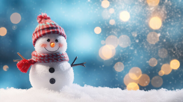 Winter holiday christmas background banner - Closeup of cute funny laughing snowman with wool hat and scarf