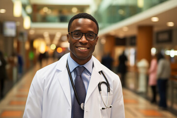 Fototapeta na wymiar young African American male doctor smiling at the hospital