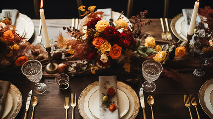 Fototapeta na wymiar Autumn holiday tablescape, formal dinner table setting, table scape with elegant autumnal floral decor for wedding party and event decoration