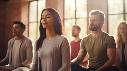 Group, diverse and meditation in a studio for mindfulness practise and spirituality. People sitting, deep breathing and religion for mental health, burnout, zen, calm and stress free lifestyle. Mind, - obrazy, fototapety, plakaty