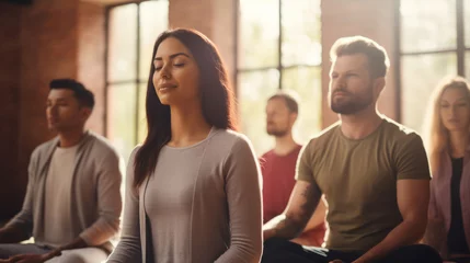 Fototapeten Group, diverse and meditation in a studio for mindfulness practise and spirituality. People sitting, deep breathing and religion for mental health, burnout, zen, calm and stress free lifestyle. Mind, © MalamboBot/Peopleimages - AI