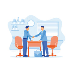 Businessman shaking hands with colleagues after reaching a mutual agreement. Smiling businessman building partnership at the workplace. Employee Making concept. trend modern vector flat illustration
