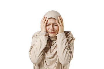 PNG,scared woman covers herself with hands, isolated on white background