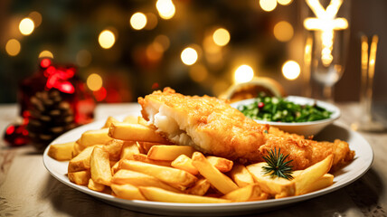 Fish and chips for winter holiday dinner, traditional British cuisine recipe in English country home, holidays celebration and homemade food