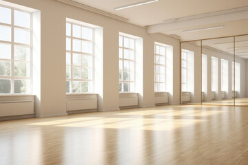 Interior of an empty dance and fitness studio with loft design.