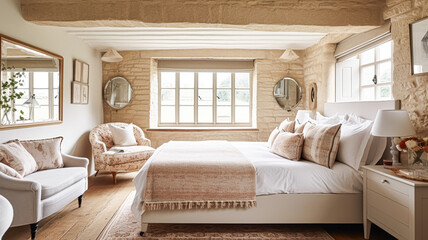 Cottage style bedroom decor, interior design and home decor, bed with elegant bedding and bespoke furniture, English country house or holiday rental