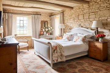 Cottage style bedroom decor, interior design and home decor, bed with elegant bedding and bespoke furniture, English country house or holiday rental
