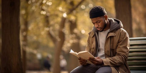 African-American student sitting in the park reading - obrazy, fototapety, plakaty