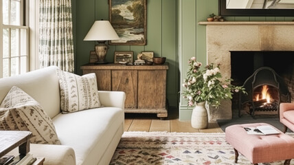 Antique cottage sitting room, green wall living room interior design and country house home decor, sofa, fireplace and lounge furniture, English countryside style