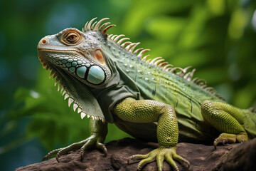 Obraz premium A big green iguana lizard in nature.