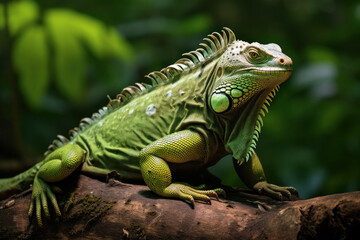 Fototapeta premium A big green iguana lizard in nature.