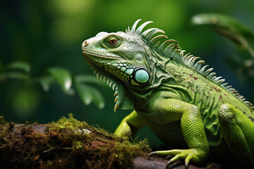 Fototapeta premium A big green iguana lizard in nature.