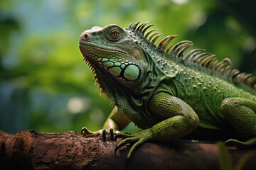 Fototapeta premium A big green iguana lizard in nature.