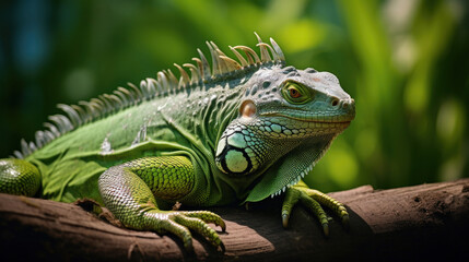 Obraz premium A big green iguana lizard in nature.