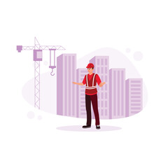 Architect engineer standing at building construction site wearing safety helmet. Male architect engineer working on building construction project. Various occupations people concept. 