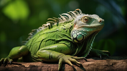 Obraz premium A big green iguana lizard in nature.