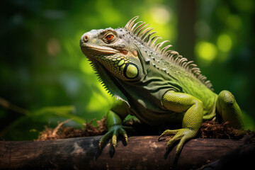 Obraz premium A big green iguana lizard in nature.