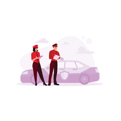 Two different police officers wearing uniforms are standing next to a police car. They write traffic well and are relaxed on the road. Various occupations people concept. 