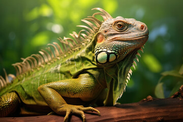 Fototapeta premium A big green iguana lizard in nature.