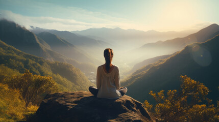 Meditation, landscape and woman sitting on mountain top for mindfulness and spirituality. Peaceful, stress free and focus in nature with view, for mental health, zen and meditating practise - obrazy, fototapety, plakaty