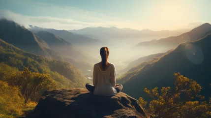 Zelfklevend Fotobehang Meditation, landscape and woman sitting on mountain top for mindfulness and spirituality. Peaceful, stress free and focus in nature with view, for mental health, zen and meditating practise © MalamboBot/Peopleimages - AI