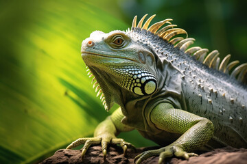 Fototapeta premium A big green iguana lizard in nature.